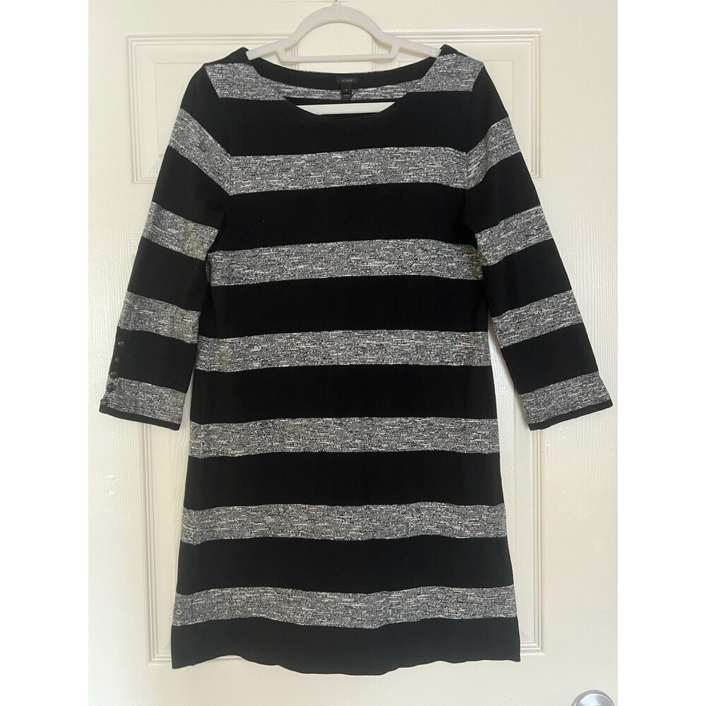J.CREW Striped Knit Shift Dress S Black Gray Preppy Academia 100% Cotton EUC